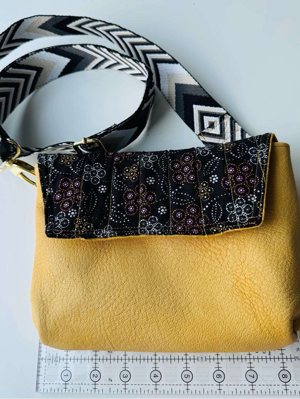 SWB One of a Kind Yellow Crossbody with Black Floral Patterned Flap Chevron Stra